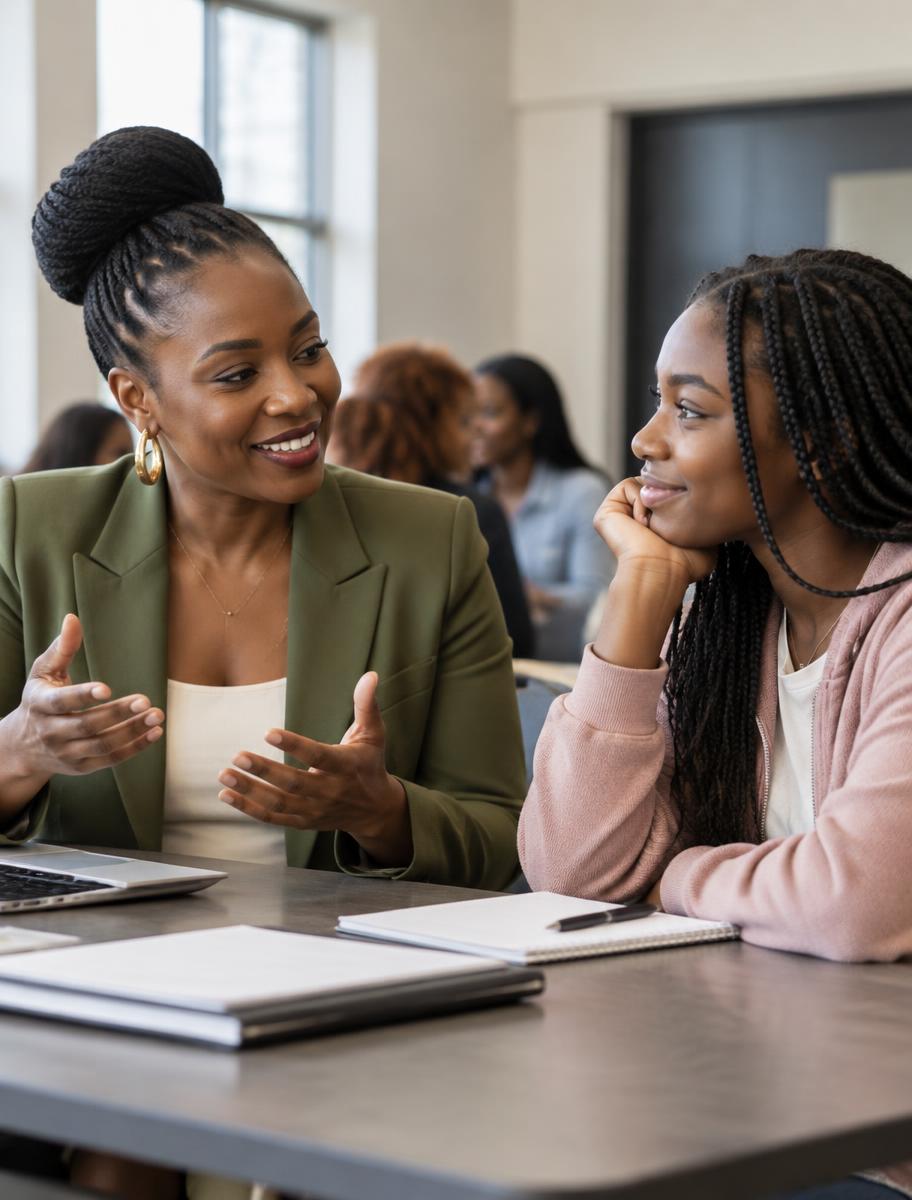 A mentor and young woman in conversation